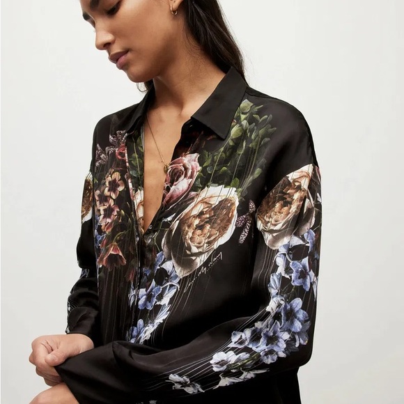 All Saints Tops - All Saints Black Floral Satin Button-Up Blouse